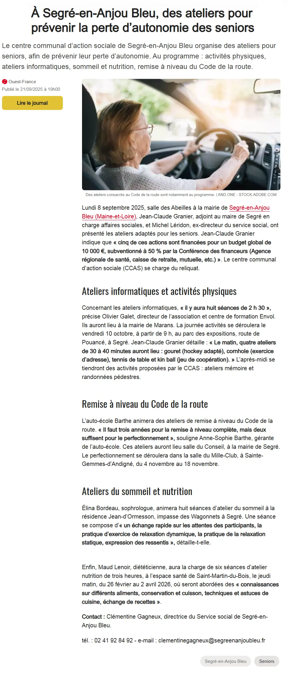 article ouest france ateliers sénior