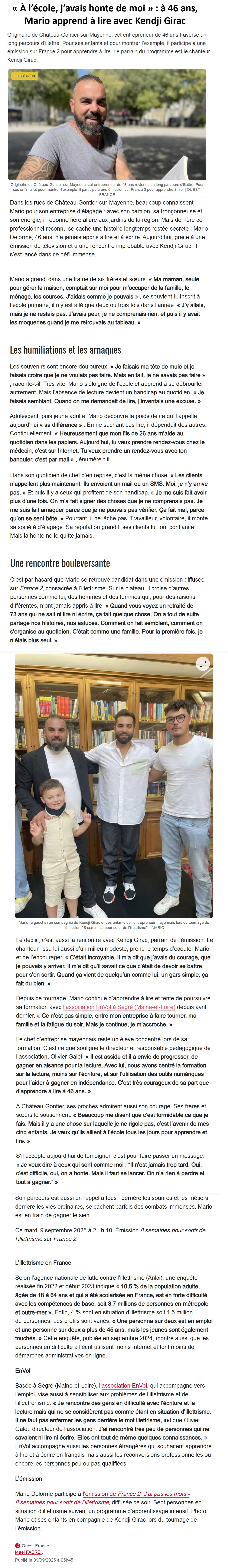 article 09 septembre 2025 ouest france - « À l’école, j’avais honte de moi » : à 46 ans, Mario apprend à lire avec Kendji Girac