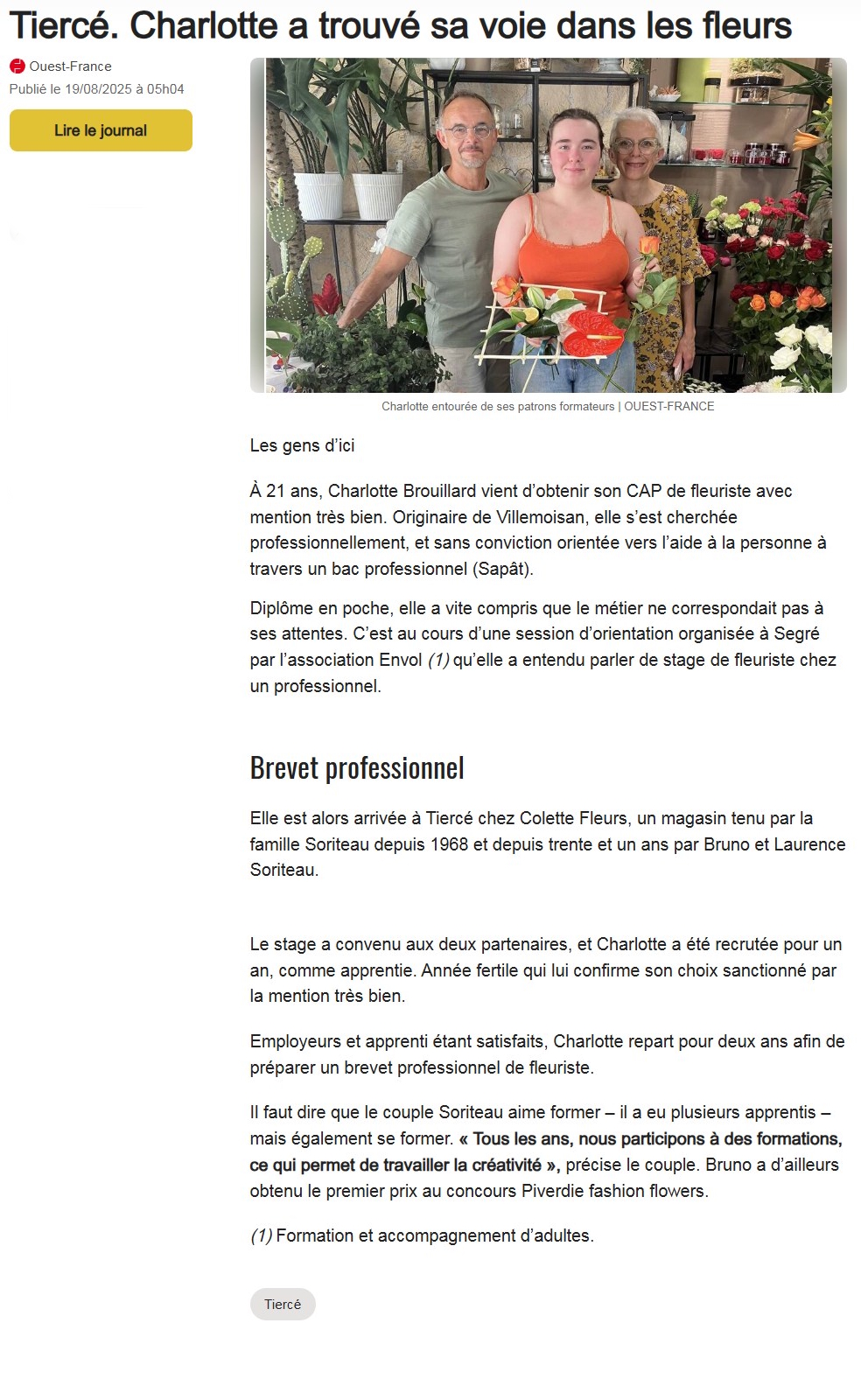 article ouest-france sur charlotte - fleuriste