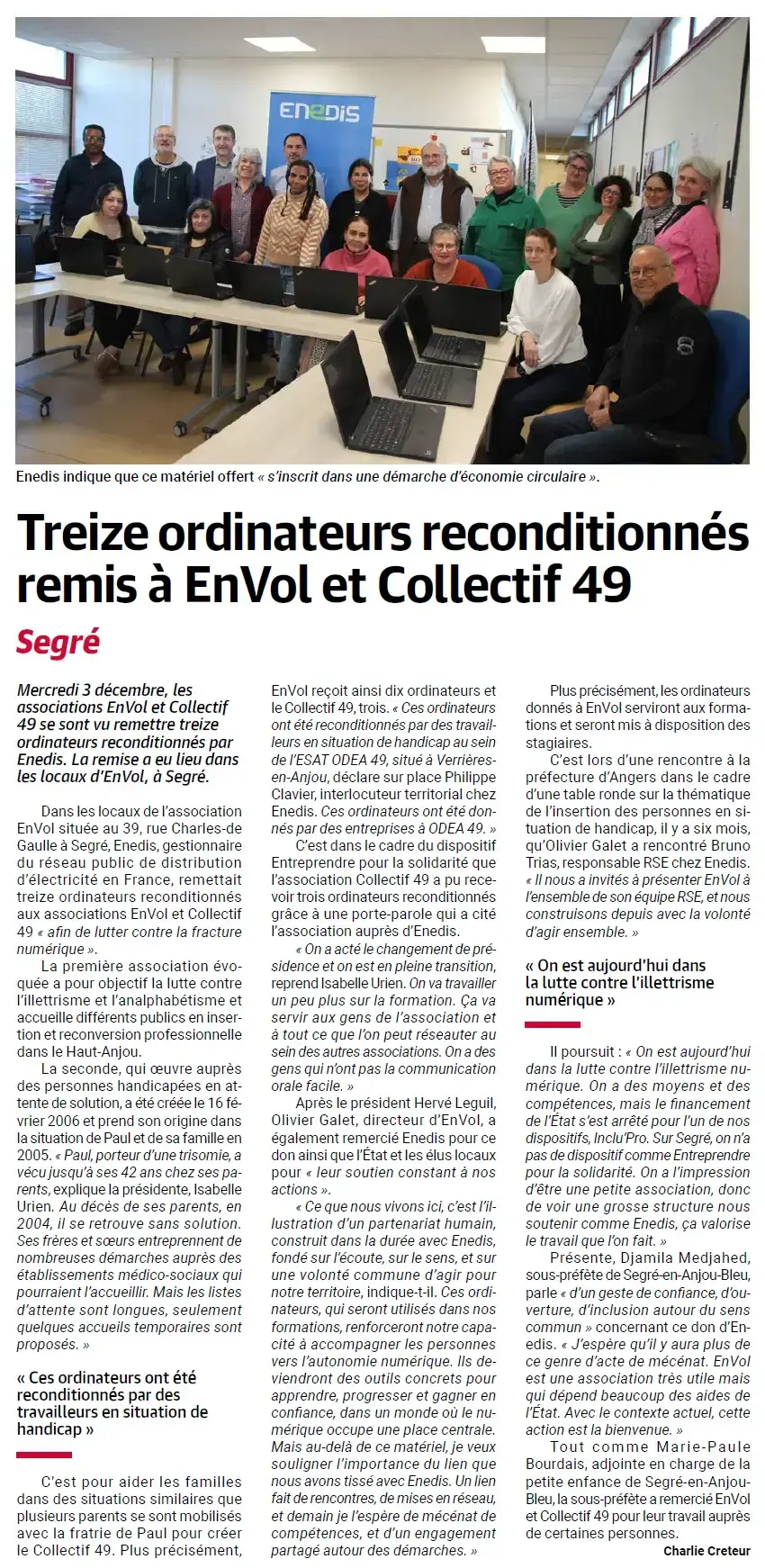 article haut-anjou sur la remise de pc par ENEDIS