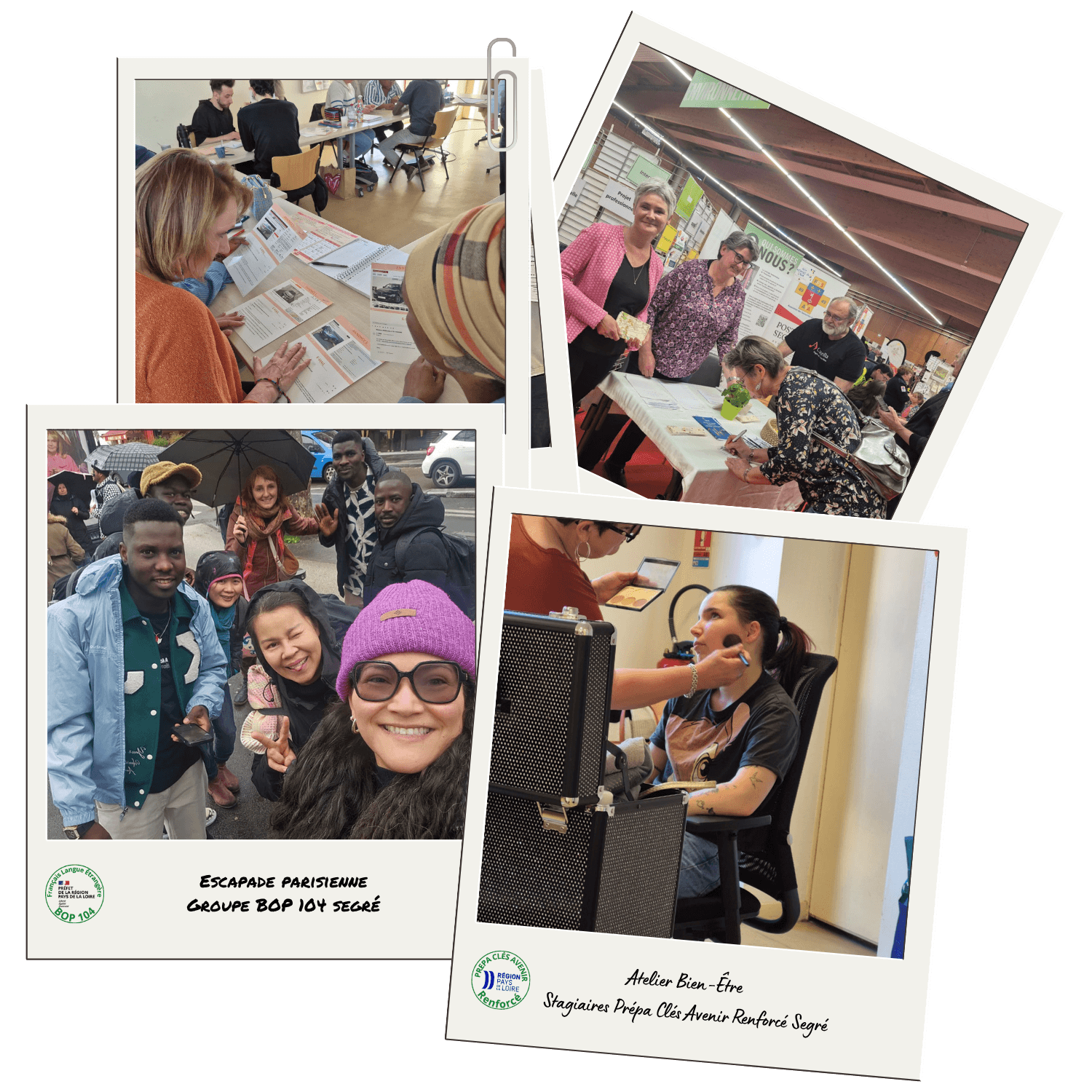 pèle mêle de photos polaroid avec des stagiaires, salariés d'envol