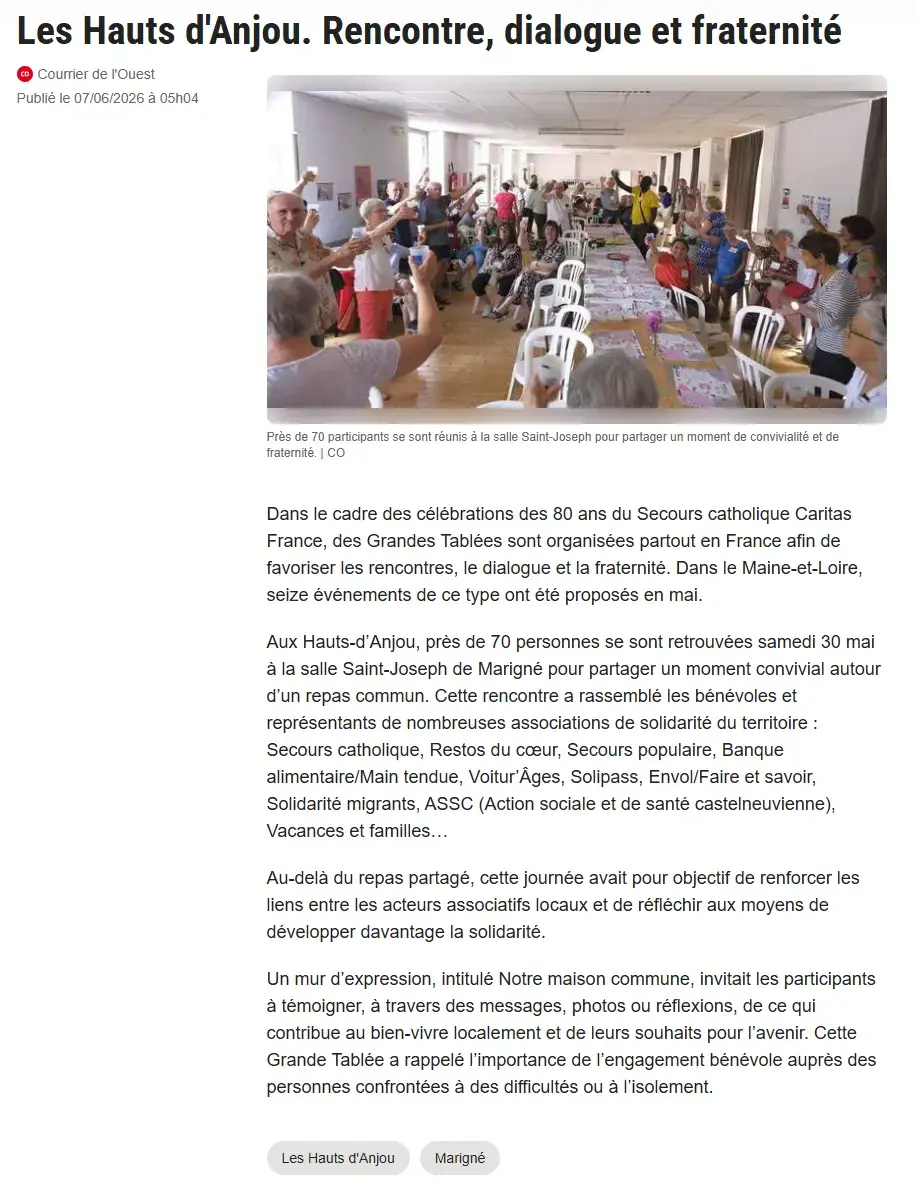 Article Courrier de l'ouest - 80 ans secours catholique