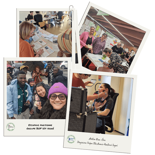 pèle mêle de photos polaroid avec des stagiaires, salariés d'envol