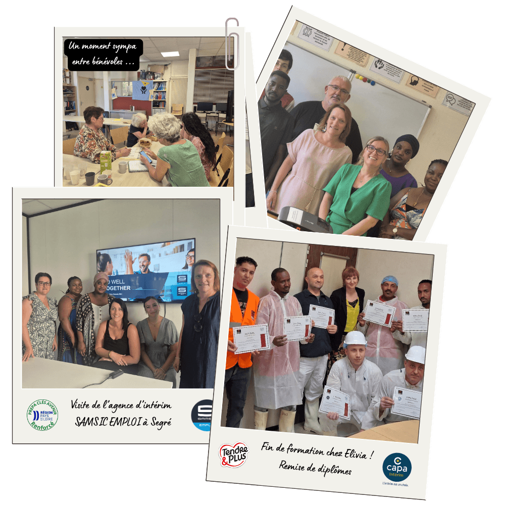 pèle mêle de photos polaroid avec des stagiaires, salariés et bénévoles d'envol