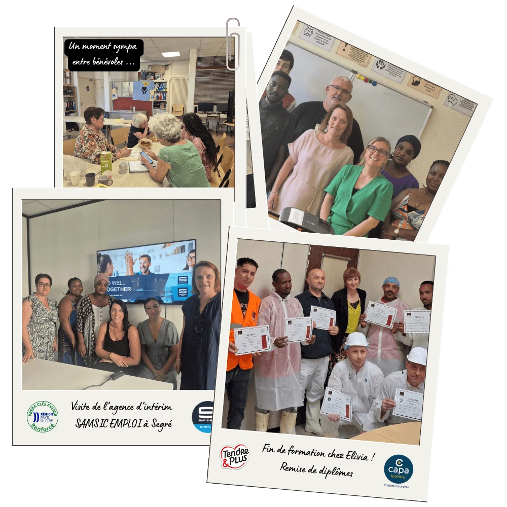 pèle mêle de photos polaroid avec des stagiaires, salariés et bénévoles d'envol