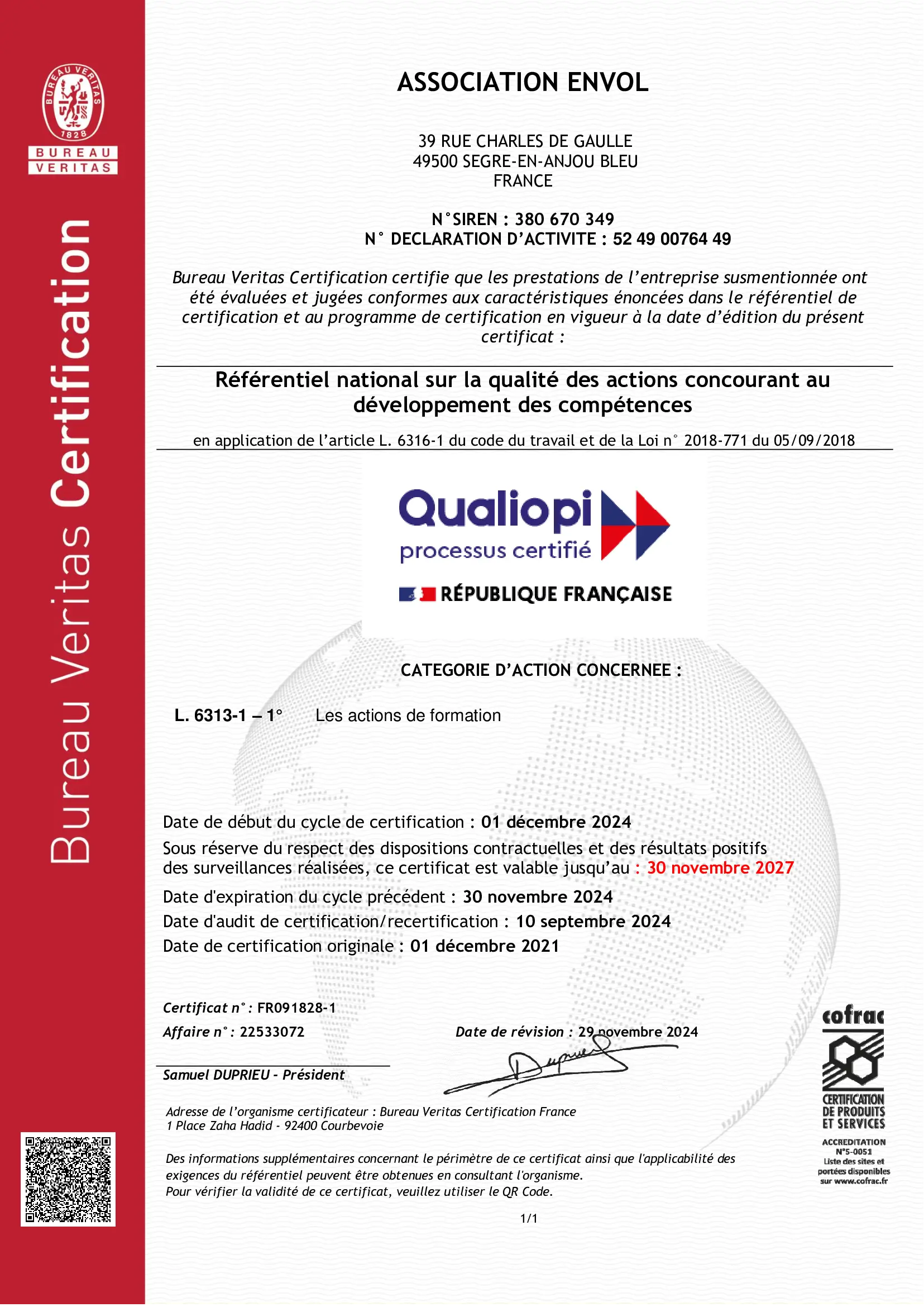 Certificat Qualiopi EnVol