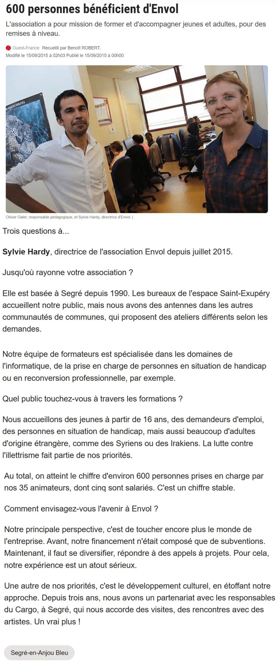 600 personnes bénéficient d'Envol