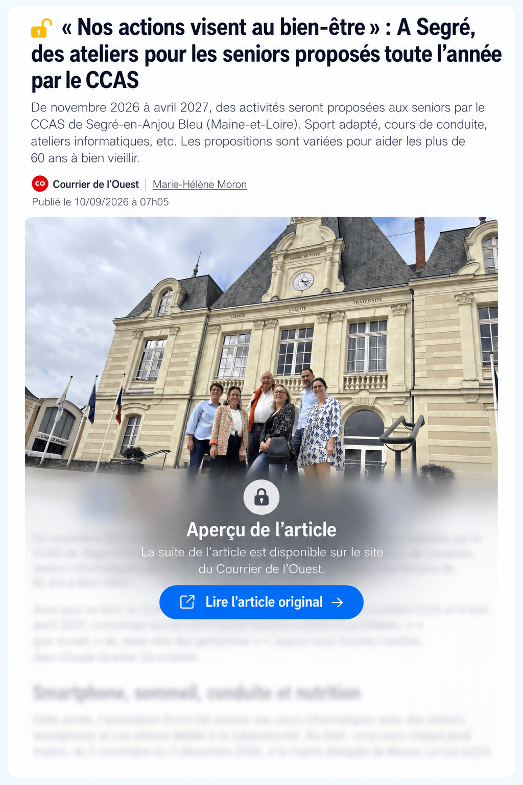 Aperçu de l’article Ouest-France - ateliers pour le bien-être des seniors à Segré