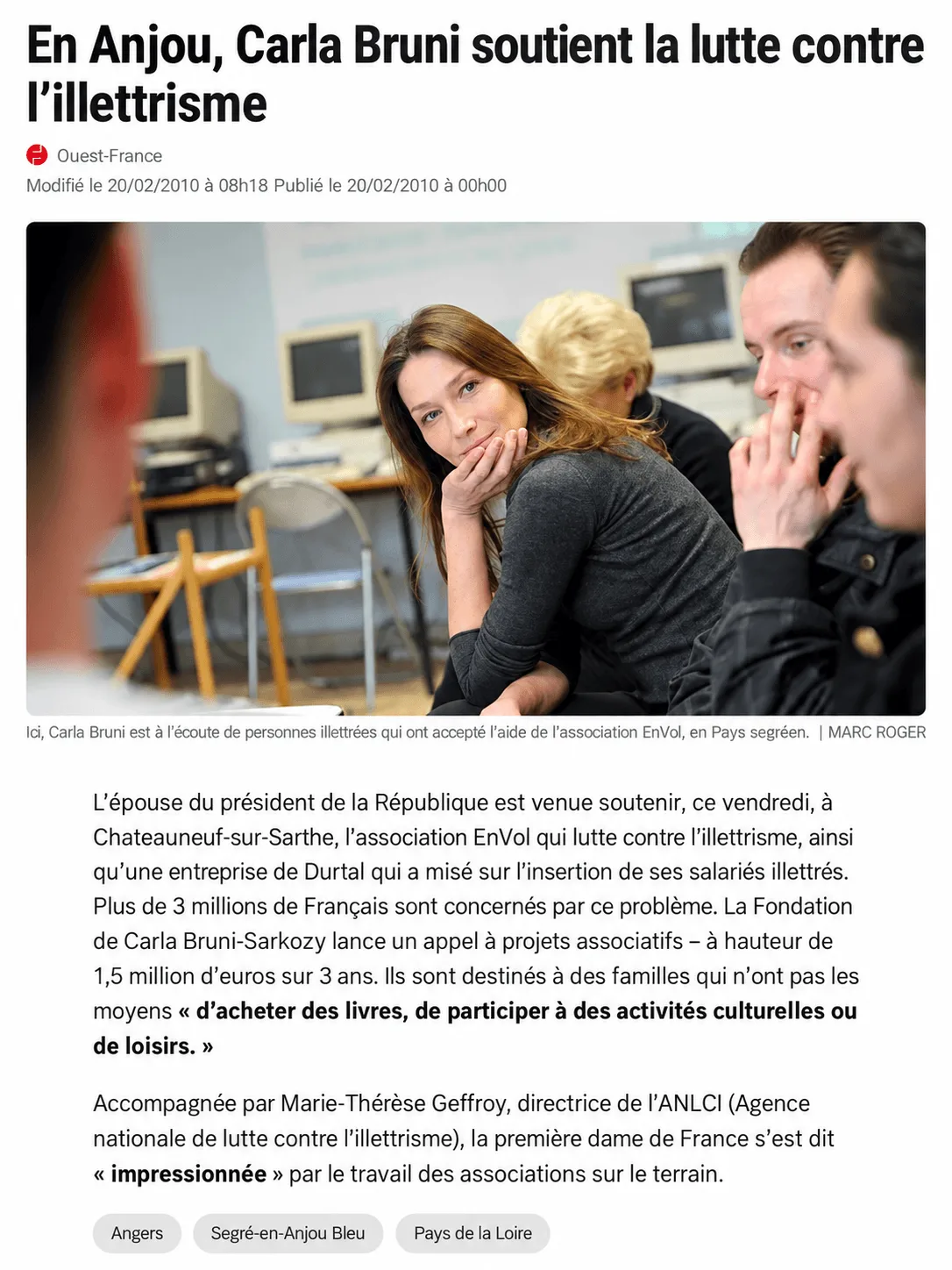 En Anjou, Carla Bruni soutient la lutte contre l’illettrisme