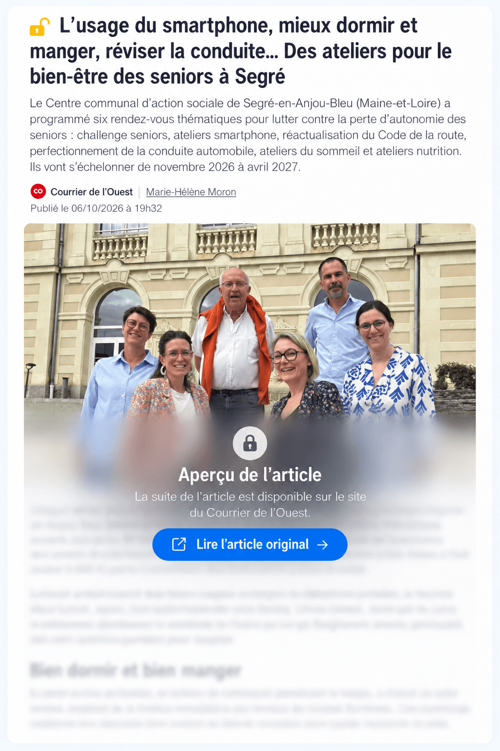 Article Courrier de l'Ouest - ateliers pour le bien-être des seniors à Segré