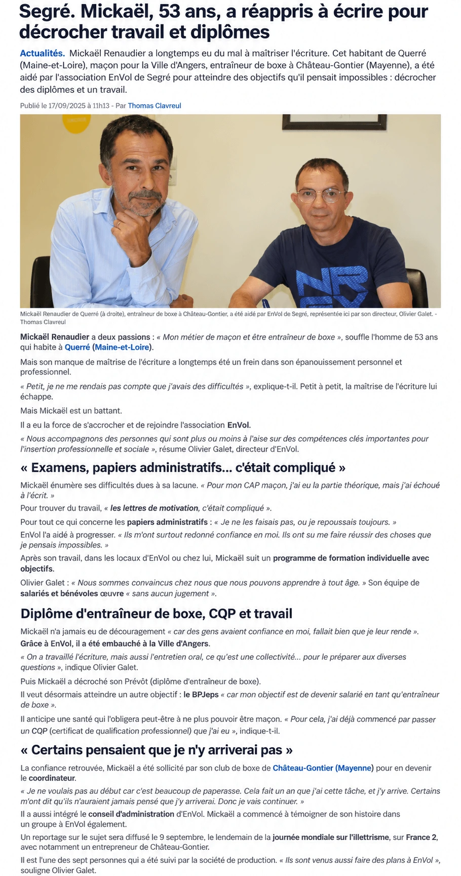 Article Haut-Anjou - Mickaël, 53 ans, a réappris à écrire pour décrocher travail et diplômes