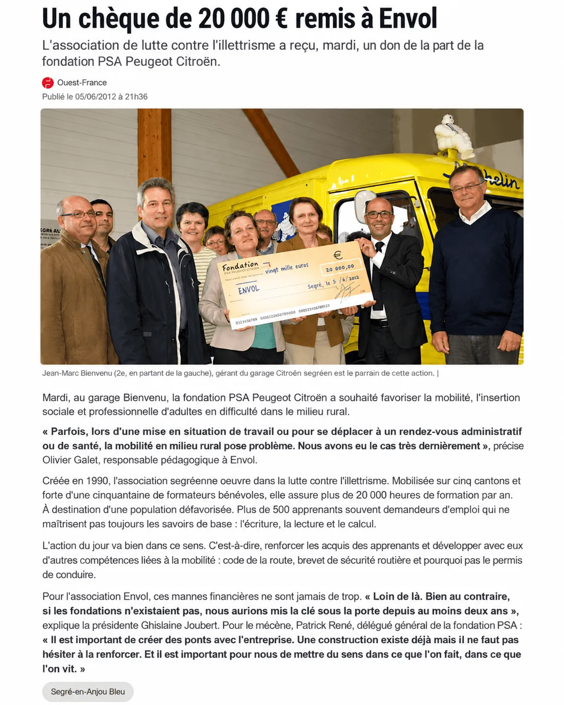 Un chèque de 20 000 € remis à EnVol