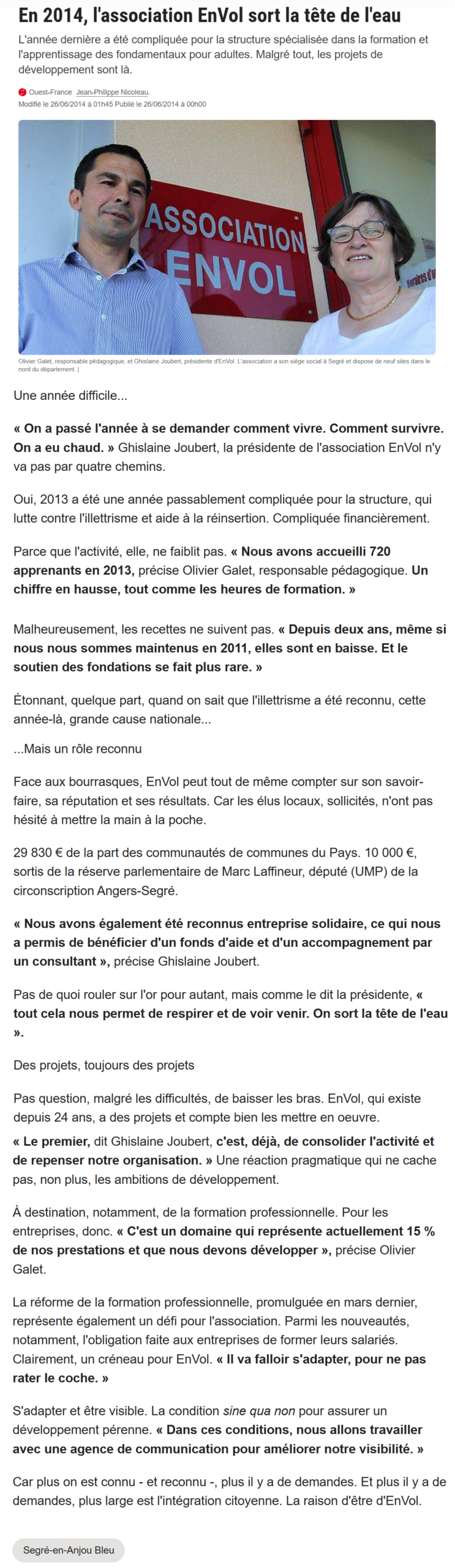 En 2014, l'association EnVol sort la tête de l'eau