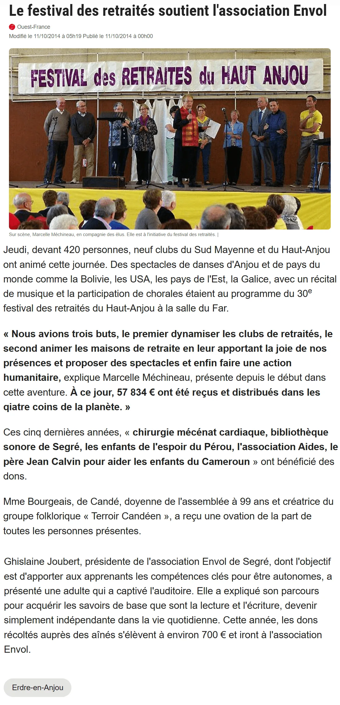 Le festival des retraités soutient l'association Envol