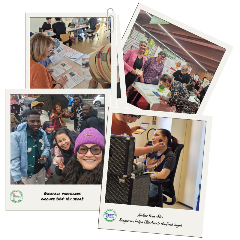 pèle mêle de photos polaroid avec des stagiaires, salariés d'envol